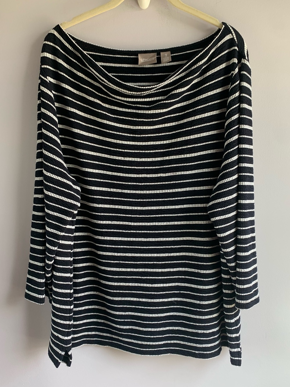 Chico's Top Cowl Neck Black Cream Textured Stripes 3/4 Sleeve Business Casual XL